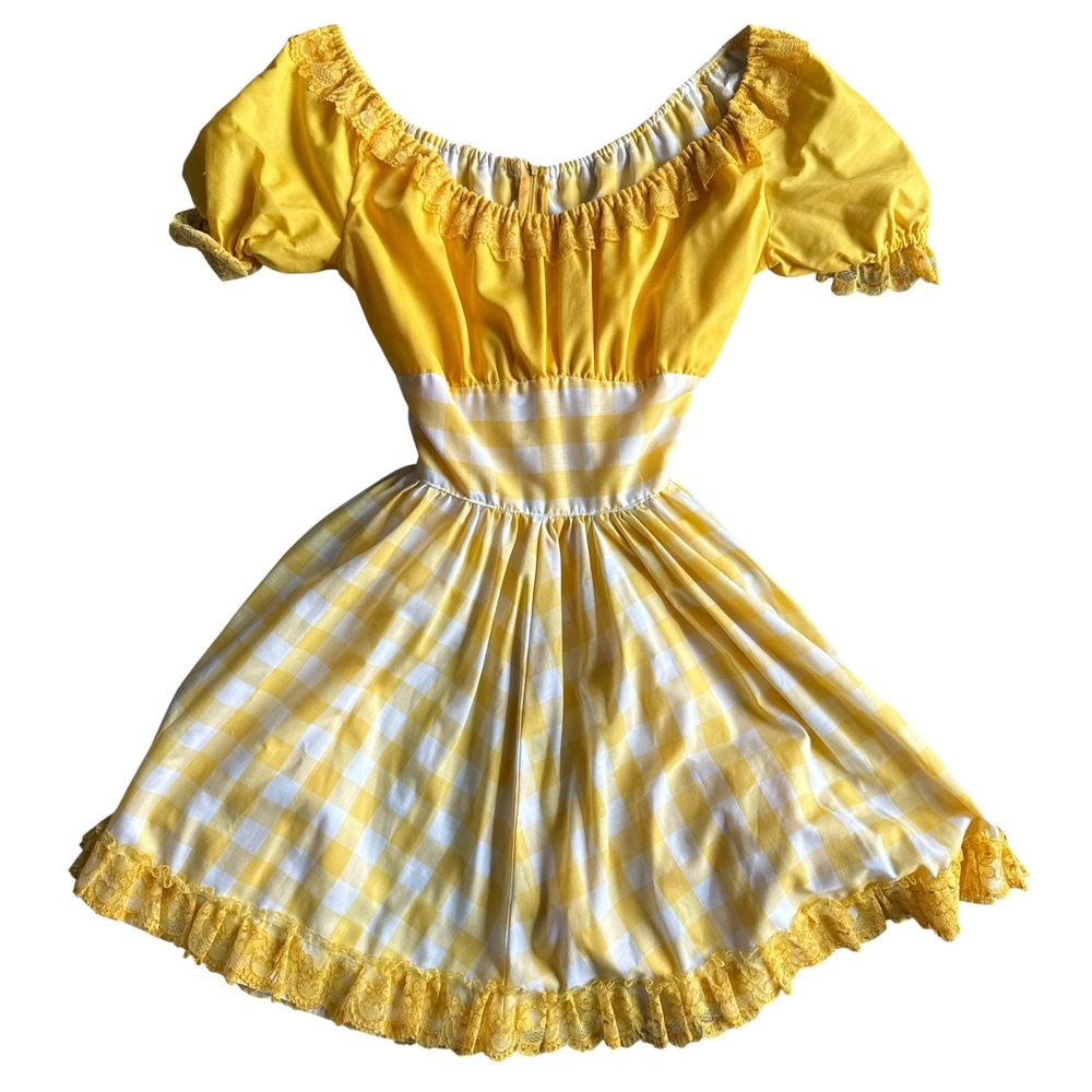 Handmade 70s Vintage Gingham Plaid Swing Dress Lace Trim Medium Yellow Cottage